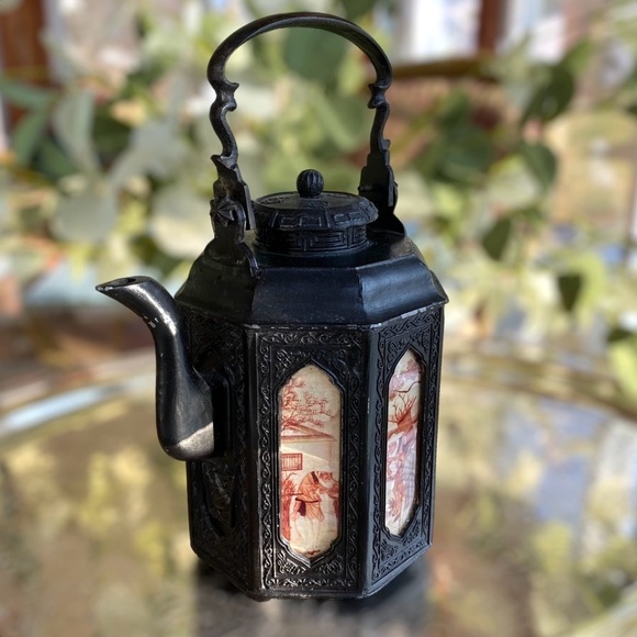 Vintage Chinese Shantou Teapot Pewter Metal Reverse Glass Painted Panels Black - Picture 5 of 16